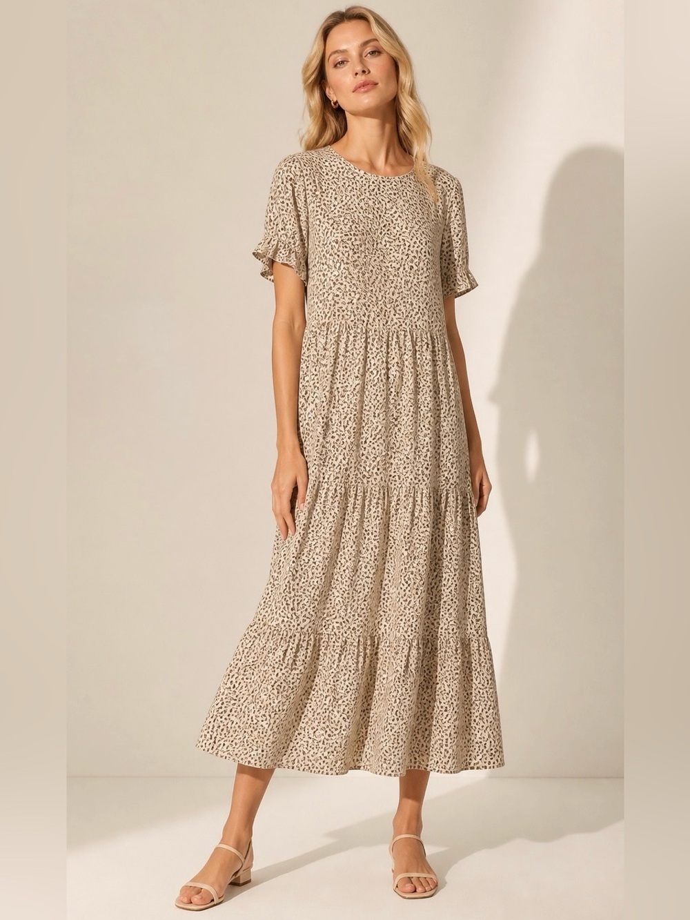 Pretty Little Thing Animal print Tiered Short-Sleeve Midi Dress in Cream Dot